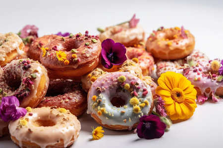 assorted donuts with chocolate frosted, pink glazed and sprinkles donuts. With flowersの写真素材