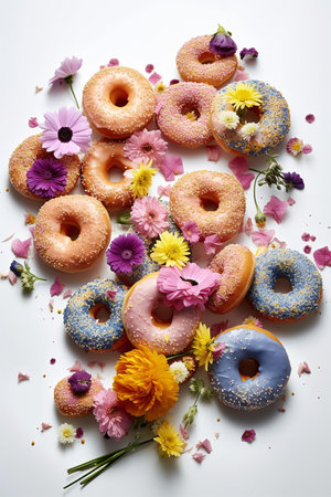 Colorful donuts with sprinkles and flowers on a white backgroundの写真素材