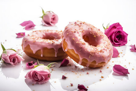 Donuts with pink glaze and rose petals on white backgroundの写真素材