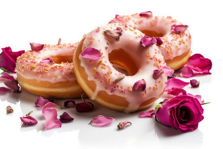 donuts with pink icing and rose petals isolated on white backgroundの写真素材