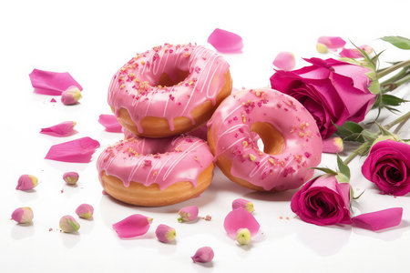 donuts with pink glaze and rose petals on white backgroundの写真素材