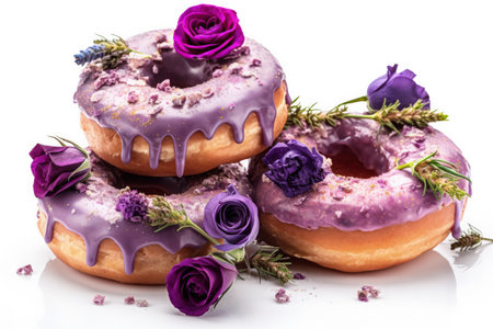 Donuts with purple glaze and rose flowers on a white backgroundの写真素材