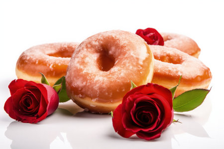Donuts with red roses on a white background. Valentine's Day.の写真素材