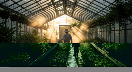 a detailed image of a gardener in a large sunlit greenhouse with rays streaming through the glass roof as they carefully water plants with a watering can. The scene is filled with lush greenery and various types of plants arranged on long wooden tables, creating an atmosphere of nurturing and growth. The background shows a vibrant, well-structured environment with natural light illuminating the space from above, highlighting the intricate details of the plant life and the gardener's focused activity. The image captures the essence of sustainable agriculture and horticulture in a climate-controlled indoor setting.