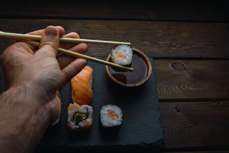 sushi set sashimi rolls servedの写真素材