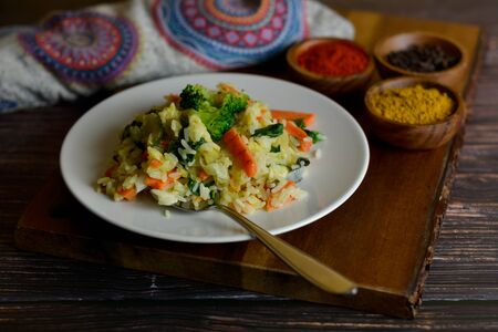 Basmati rice with curry and vegetablesの写真素材