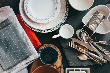 Old crockery and tableware can be used to decorate your table or serve as great props for food photography sets and flat laysの写真素材