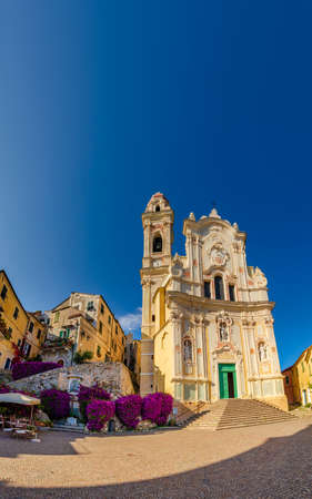 Cervo (Imperia), Italy - 06 15 2015: the cobblestone square and church (Chiesa di San Giovanni...