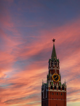 The Spasskaya Tower or Saviour Tower at sunset This is the main tower on the eastern wall of the Moscow Kremlin in Russia, which overlooks Red Square.のeditorial素材