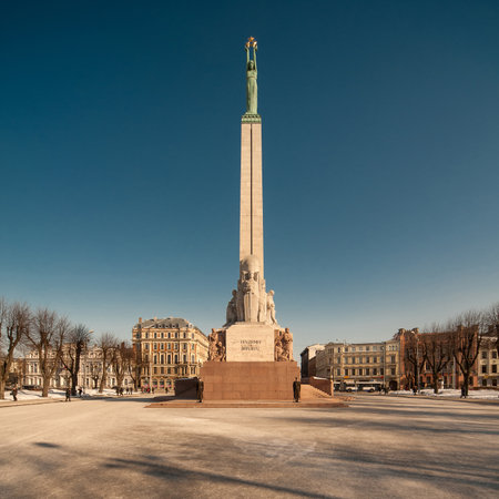 Riga, Latvia - 02 28 2011: The Freedom Movement monument, a 42m statue dedicated to Latvians who lost their lives fighting for independence between 1918 and 1920のeditorial素材