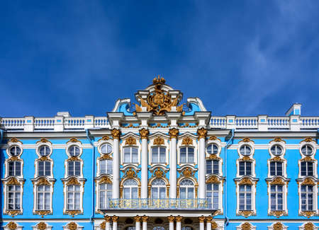 Pushkin (Saint Petersburg), Russia - 04 09 2017: the light blue facade of Catherine Palace in Tsarskoye Selo (Pushkin) under a blue sky with plenty of space for text and copyのeditorial素材