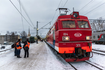 Petrozavodsk, Russia - 02 03 2016: the red locomotive of the Artika train connecting Moscow to...