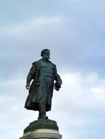 Tver, Russia - 04 03 2021: Statue of Afanasy Nikitin in Tver against a cloudy, moody sky.  By sculptor Sergei Orlov, the statue was erected in 1955 and was featured on a Russian postage stamp in 2005のeditorial素材