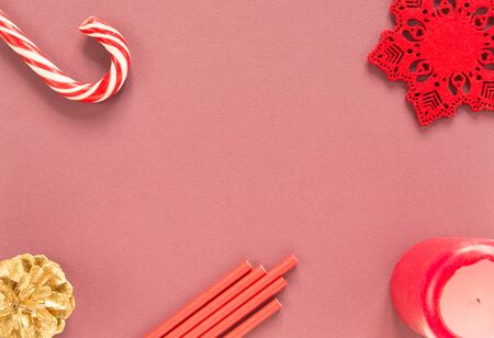 Christmas background. Christmas stuff on red background. Flat lay, top viewの写真素材