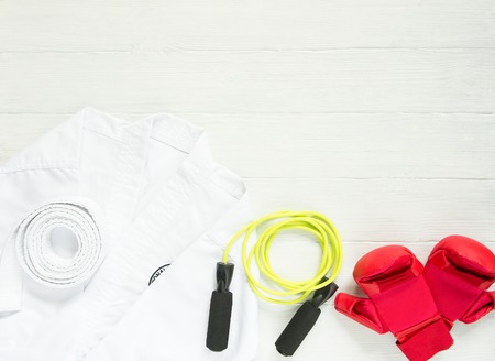 Karate, Judo, TaeKwonDo uniform, gloves and jump rope on white background