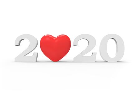 Happy New Year text 2020 with heart symbol in red and white colorの写真素材