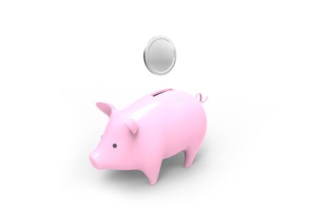 3D rendered image of Piggy bank savings with Silver coinの写真素材