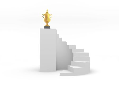 3D illustration of trophy placed on top of a spiral staircaseの写真素材