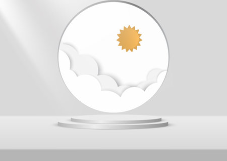 products display a podium scene with geometric platform. background vector 3d rendering with podium. stand to show products. Stage  on pedestal display circle gray paper cut sun cloud window.のイラスト素材