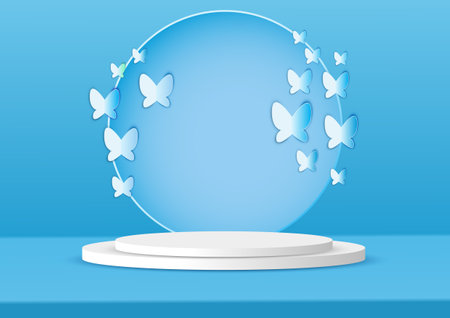 illustration display product podium stand pastel  wallpaper business art abstract . presentation of a product that is outstanding . The circle The highlight is the circle white blue light shadow butterfly paper cut.のイラスト素材