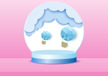 products display a podium scene with geometric platform. background vector 3d rendering with podium. stand to show products. Stage  on pedestal display circle gray blue pink paper cut balloon cloud window.のイラスト素材