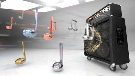 Symbol of all headbangers, hardrock, heavy metal lovers - electric guitar amp cabinet and loud speakers exploding with metal musical notes, energy and explosiveness of hard rock and heavymetal musicの写真素材