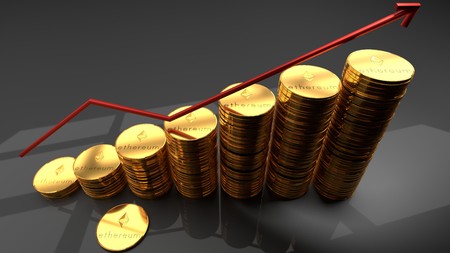 Ethereum currency, cyber, blockchain based, digital, crypto currency, bitcoin alternative, growing red chart symbolizes recent raise in popularity and market value, 3d illustrationの写真素材