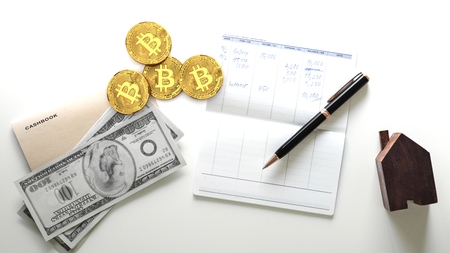 Market boom of the cyber,digital, internet crypto currency, Bitcoin, it can be used for daily payments, bank transaction, house mortgage, bills and utilities, isolated, white backgroundの写真素材