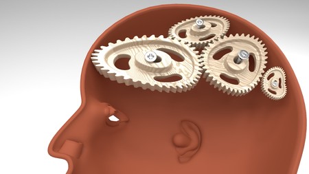 A person's profile with twisted and misaligned wooden cogwheels inside, symbolizes stupidity,...