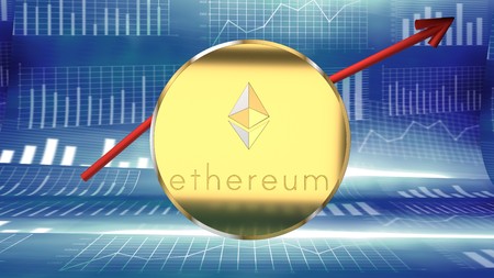 Ethereum, digital crypto currency market value rising - symbolized by a gold coin and blue digital...