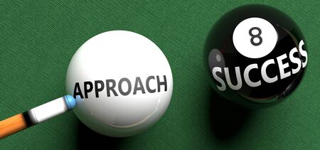 Approach brings success - pictured as word Approach on a pool ball, to symbolize that Approach can initiate success, 3d illustrationの写真素材