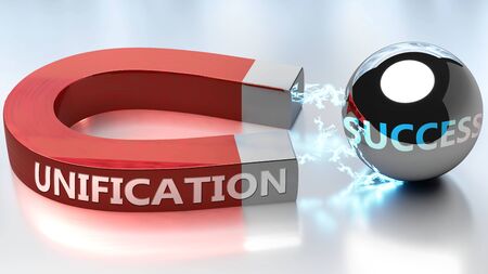 Unification helps achieving success - pictured as word Unification and a magnet, to symbolize that Unification attracts success in life and business, 3d illustrationの写真素材