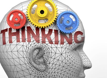 Thinking and human mind - pictured as word Thinking inside a head to symbolize relation between Thinking and the human psyche, 3d illustrationの写真素材