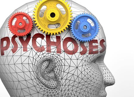 Psychoses and human mind - pictured as word Psychoses inside a head to symbolize relation between Psychoses and the human psyche, 3d illustrationの写真素材