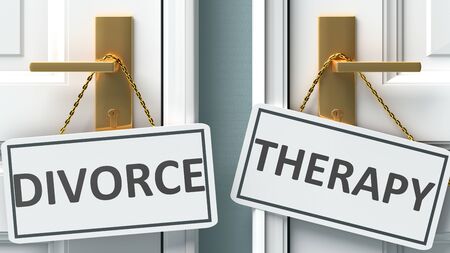Divorce or therapy as a choice in life - pictured as words Divorce, therapy on doors to show that Divorce and therapy are different options to choose from, 3d illustrationの写真素材