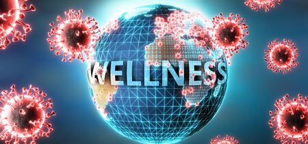 Wellness and covid virus, symbolized by viruses and word Wellness to symbolize that corona virus...