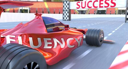 Fluency and success - pictured as word Fluency and a formula car, to symbolize that Fluency can help achieving success and prosperity in life and business, 3d illustrationの写真素材