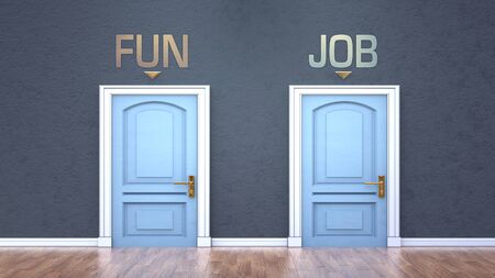 Fun and job as a choice - pictured as words Fun, job on doors to show that Fun and job are opposite options while making decision, 3d illustrationの写真素材