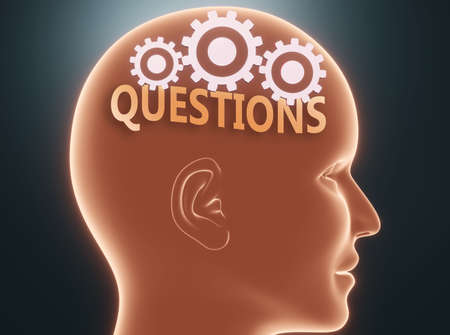 Questions inside human mind - pictured as word Questions inside a head with cogwheels to symbolize that Questions is what people may think about and that it affects their behavior, 3d illustrationの写真素材