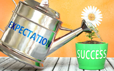 Expectation helps achieve success - pictured as word Expectation on a watering can to show that it makes success to grow and it is essential for profit in life, 3d illustrationの写真素材