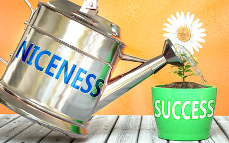 Niceness helps achieving success - pictured as word Niceness on a watering can to symbolize that Niceness makes success grow and it is essential for profit in life and business, 3d illustrationの写真素材