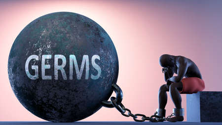 Germs as a heavy weight in life - symbolized by a person in chains attached to a prisoner ball to show that Germs can be a sorrow, brings suffering and it is a psychological burden, 3d illustrationの写真素材