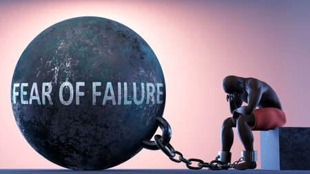 Fear of failure as a heavy weight in life - symbolized by a person in chains attached to a prisoner ball to show that Fear of failure can cause suffering, 3d illustrationの写真素材