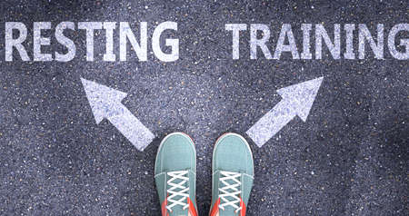 Resting and training as different choices in life - pictured as words Resting, training on a road to symbolize making decision and picking either Resting or training as an option, 3d illustrationの写真素材