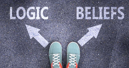 Logic and beliefs as different choices in life - pictured as words Logic, beliefs on a road to symbolize making decision and picking either Logic or beliefs as an option, 3d illustrationの写真素材