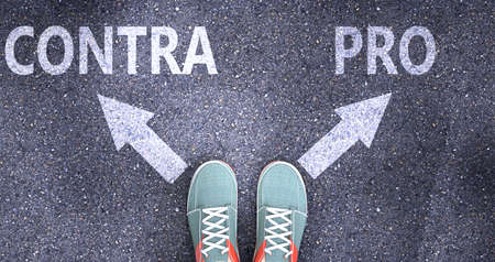 Contra and pro as different choices in life - pictured as words Contra, pro on a road to symbolize making decision and picking either Contra or pro as an option, 3d illustrationの写真素材