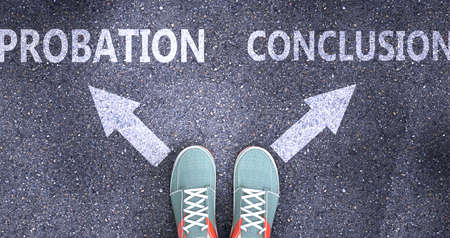 Probation and conclusion as different choices in life - pictured as words Probation, conclusion on a road to symbolize making decision and picking either one as an option, 3d illustrationの写真素材