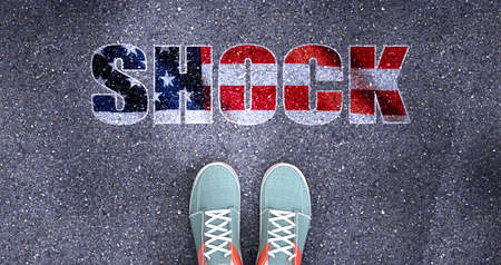 Shock and politics in the USA, symbolized as a person standing in front of the phrase Shock in American flag colors to show that  Shock is related to politics and each person's choice, 3d illustrationの写真素材
