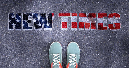 New times and politics in the USA, symbolized as a person standing in front of the phrase New times  New times is related to politics and each person's choice, 3d illustrationの写真素材