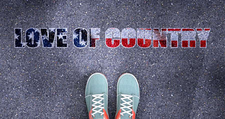 Love of country and politics in the USA, symbolized as a person standing in front of the phrase Love...